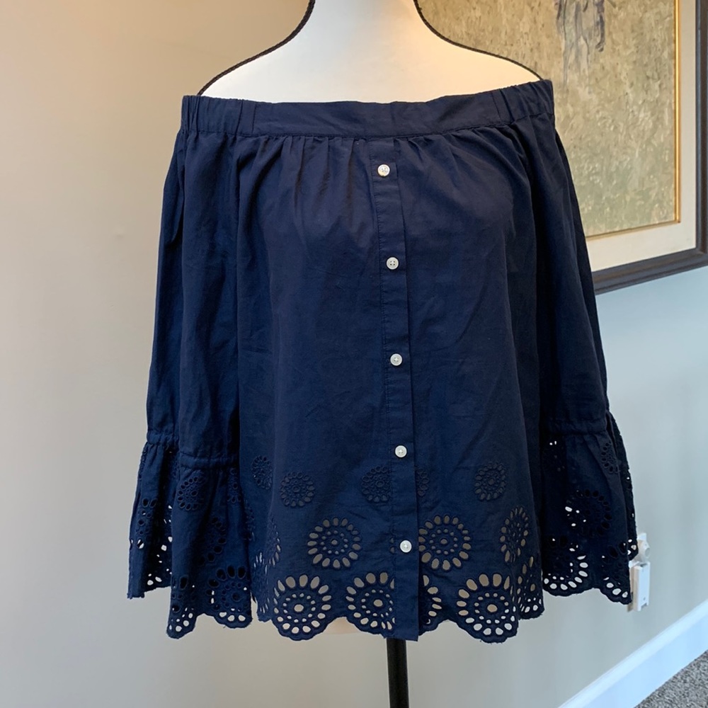ISABELLA SINCLAIR off the shoulder eyelet tulip sleeve scalloped navy cotton